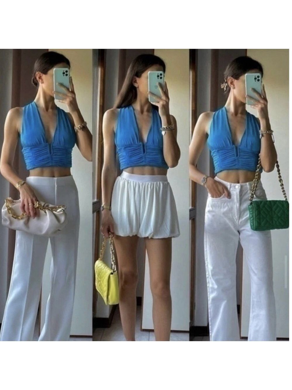 Zara blue ruched deep plunge V-neck halter crop top crisscross open back Sz XL